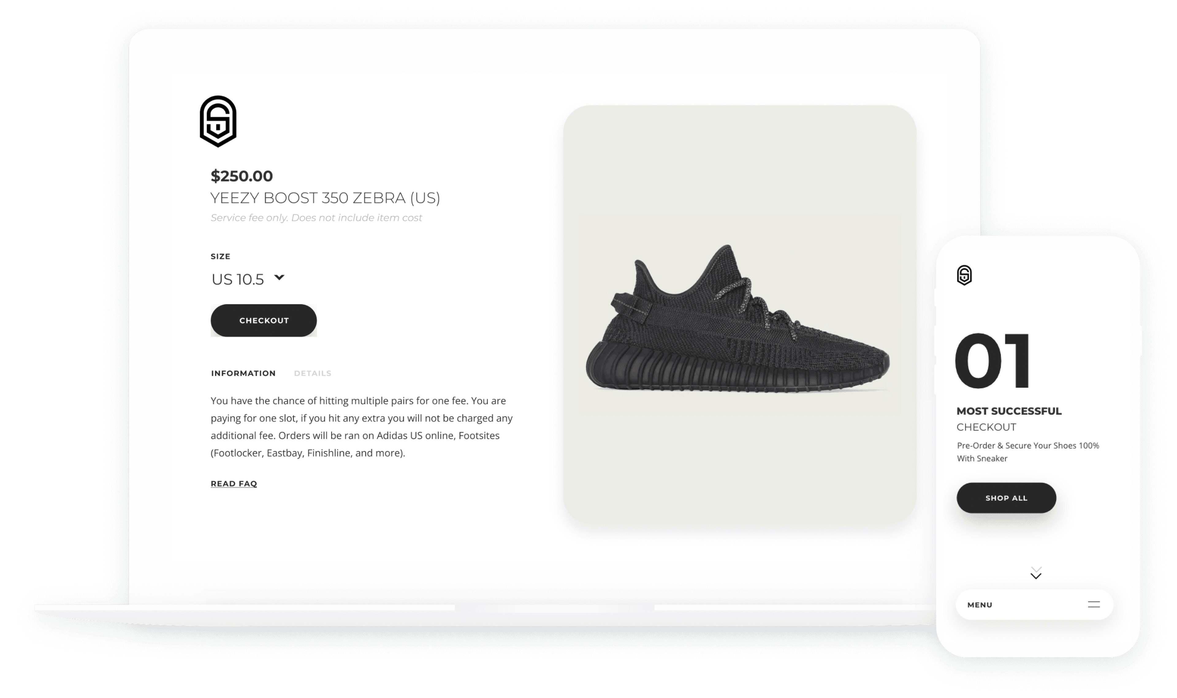 Sneaker Access hero mockup displayed on MacBook and iPhone.