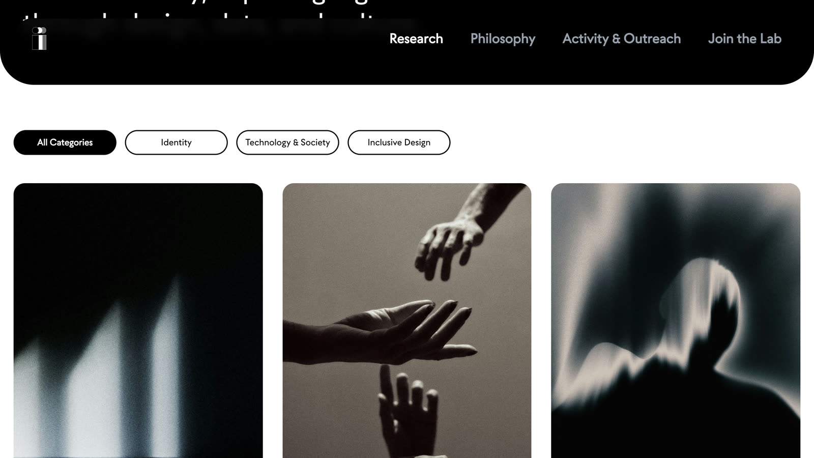 Research page with topic filters and publication cards.